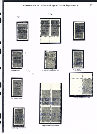 N°8A, ensemble sur 2 pages de 30 timbres (seul, paires, blocs) comprenant : anneau de lune, petit chiffre 1, sans surch., impression défectueuse, piquage en diagonale recto verso, ND, ND bord de feuille, ND horiz., ND