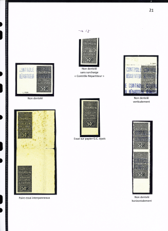 N°16, ensemble sur 2 feuilles de 23 timbres ( ND entre 2 timbres, 3 timbres) sans surch. « contrôle répartiteur » (5 timbres dont une paire) ND, ND sans surch. essai, essai en paire interpanneaux