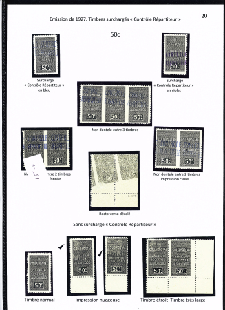 N°16, ensemble sur 2 feuilles de 23 timbres ( ND entre 2 timbres, 3 timbres) sans surch. « contrôle répartiteur » (5 timbres dont une paire) ND, ND sans surch. essai, essai en paire interpanneaux