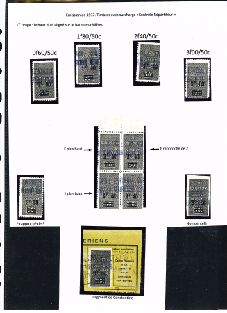 N°44 à 47 Série des 4 timbres surchargés + bloc de 4 2F40/50c avec variétés F plus haut F rapproché du 2, 2 plus haut, 3F/50c F rapproché du 3, 3F50 ND + 1 fragment 0F60/50c Constantine