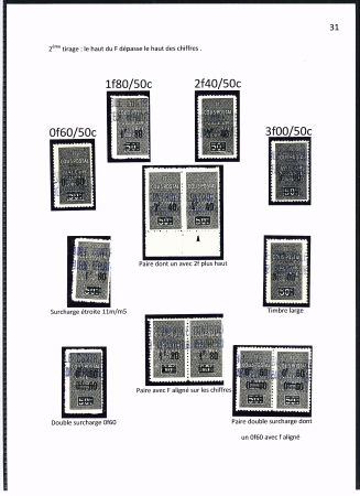 N°44A à 47A Ensemble de 13 timbres dont paire avec 2F plus haut, surch. 1F80 étroite , paire dont 1 avec F aligné sur les chiffres, paire double surch. dont 1 0F60 avec F aligné, double surch.