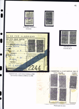 N°55 à 58 Ensemble sur 2 pages ; série dentelée et ND + 0,60 surch. « Contrôle » renversée 3F00,3F00 en paire dont un avec 3l au lieu de 2F + 1 fragment avec sur le recto 2 timbres à 3F00 sur le verso 2 timbres