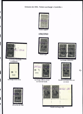 N°70A Ensemble de 10 timbres dont 1 surch. renversée et déplacée, paire avec surch. déplacée, surch. Recto verso, surch. en miroir sur bord de feuille , double surch. dont une en miroir, 1F8 au lieu de 1F80, paire