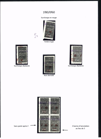 N°70 Ensemble de 8 timbres dont 2 avec surcharge déplacée ,ND, 1 bloc de 4 avec 1 sans point après F et 1 avec deux barres au lieu de 3