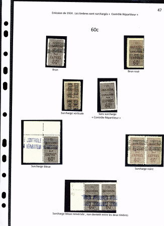 N°9 Ensemble sur 2 pages de 23 timbres dont : surch. verticale , surch. renversée sur paire, ND entre 2 timbres, ND sans surch. « C.R. » bande horizontale de 3 avec double piquage, tête-bêche 1er tirage , tête-bê