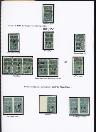 N°27, Ensemble sur 2 pages de 30 timbres dont: sans point après F, gros point après F 0 plus haut, double surch. dont une renversée tenant à normale, 2ème 0 cassé, ND sans surch. « C.R. » (5 timbres), surch. dé