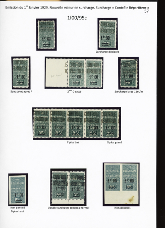 N°27, Ensemble sur 2 pages de 30 timbres dont: sans point après F, gros point après F 0 plus haut, double surch. dont une renversée tenant à normale, 2ème 0 cassé, ND sans surch. « C.R. » (5 timbres), surch. dé
