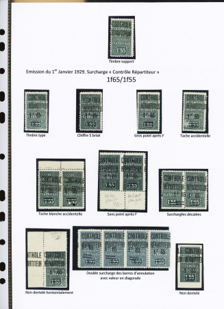 N°32, Ensemble de 24 timbres sur 1 page 1/2 avec : 5 brisé, gros point après F, sans point après F, surcharges décalées, surcharge des barres et valeur en biais (en bande de 4), ND, ND horizontal, 2 timbres avec ta