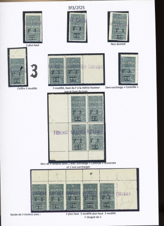 N°76, Ensemble de 16 timbres dont : 3 plus haut, ND, 3 modifié, sans surch. « C » Bloc de 4 dont 2 sans surch. « C », surch. « Contrôle » renversée, bande horiz. de 5 avec 3 plus haut, 3 modifié, 3 modifié pl