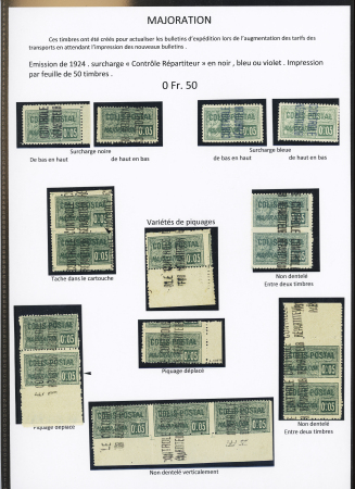 MAJORATION N°10, Ensemble sur 2 pages de 35 timbres avec : variétés de piquage, ND entre 2 timbres, ND verticalement, sans surcharge, ND sans surch. double piquage tête-bêche 1er et 2ème tirage et sur papier G.C