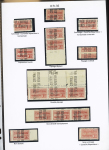 N°12, Ensemble sur 2 pages de 28 timbres avec : variétés de piquage, surcharge horizontale, horizontale renversée, ND verticalement, ND, sans surch. Tête-bêche 1er et 2ème tirage, tête-bêche piquage à cheval