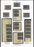 N°14, Ensemble sur 3 pages de 86 timbres, papier G.C., 2 point sous Fr., virgule sous Fr., ND bord de feuille, double piquage, etc, tête-bêche 1er tirage, T.B. 1er tirage piquage déplacé, 2eme tirage, 2eme tirage pi