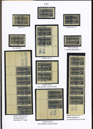 N°14, Ensemble sur 3 pages de 86 timbres, papier G.C., 2 point sous Fr., virgule sous Fr., ND bord de feuille, double piquage, etc, tête-bêche 1er tirage, T.B. 1er tirage piquage déplacé, 2eme tirage, 2eme tirage pi