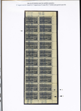 N°14, Ensemble sur 3 pages de 86 timbres, papier G.C., 2 point sous Fr., virgule sous Fr., ND bord de feuille, double piquage, etc, tête-bêche 1er tirage, T.B. 1er tirage piquage déplacé, 2eme tirage, 2eme tirage pi
