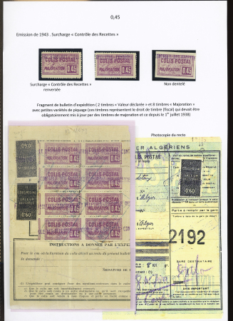 N°110, Ensemble de 11 timbres dont 8 sur grand fragment, 1 timbre avec surch. renversée et 1 ND
