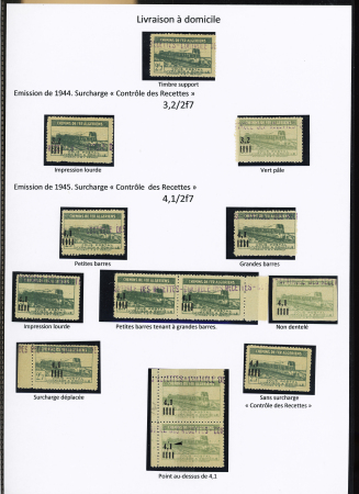N°130/131 Ensemble de 13 timbres: 3,2/2,7, impression lourde, vert pâle ; 4,1/2,7 (5 timbres) ND, surch. déplacée, point au-dessus de 4,1, sans surch. « C. des R. »