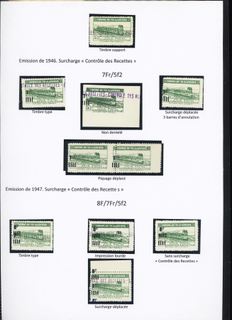 N°162/167, Ensemble de 9 timbres : 7F/5f2, ND, surch. déplacée, piquage déplacé, 8F/7Fr./5f2, sans surch. « C. des R. », surcharge déplacée;