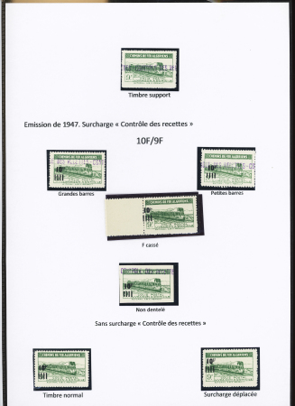 N°169, Ensemble de 6 timbres : 10F/9F, F cassé sans surch. « C. des R. », ND, 2 timbres sans surch. « Contrôle des Recettes »