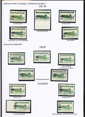N°170/204, Ensemble de 14 timbres : 13F/9F, point blanc sur A de algériens, ND ; 19F/9F sans surch. « C. des R. », surch. déplacées ; 17F/10F/9F, surcharge à cheval, sans surcharge « C. des R. »