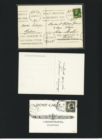 Petite carte "North pole mail" avec double AFF Norvège n°92 + 107 OBL Kings Bay (18.6.25) et USA n°249 OBL New York (Muller Norvège n°8 - expédition Spitzberg - Pôle Nord par Ellsworth et Amundsen) + 2 CP d'Admund