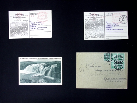 3 cartes postales illustrées télégrammes des paquebots allemands Orinoco (Reykjavik Islande 16.7.28) et Oceana (Cap Nord 2.8.28 et Merok 8.8.28) et Allemagne n°365 OBL Charlottenburg (29.10.25) sur lettre adressée a