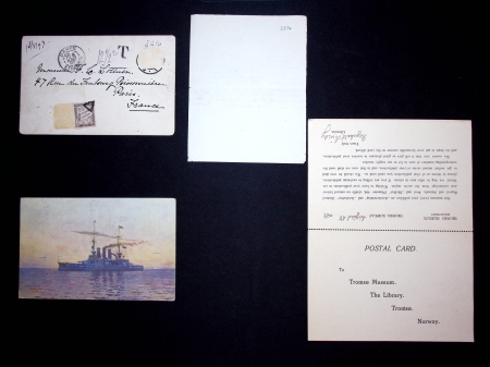 3 cartes postales de Norvège dont n°73 OBL CAD "Loen i nordfjord" (1914) et n°92A OBL Trömso (1929) pour Bordeaux avec carte-réponse au museum de Trömso (1929) + CP de Christiania (1897) avec portraits de Nansen et