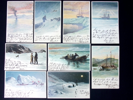 13 cartes postales sur les expéditions du Fram de Nansen au Pôle Nord OBL 1898 et 1902 et 2 CP avec TP Norvège OBL Polhavet (13.9.18 et 4.8.24). Bon lot