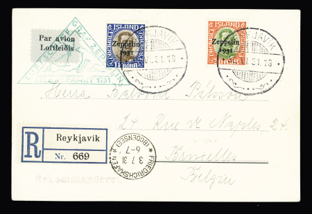 Islande PA9 + 10 (cote 200€) OBL Reykjavik (30.6.31) sur carte recommandée avec cachet triangulaire vert "Luftschiff Graf Zeppelin islandfahrt 1931" (Muller n°10 - Islande). TB