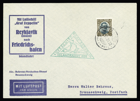 Isalnde PA n°11 (cote 100€) OBL Reykjavik (30.6.31) sur lettre avec cachet triangulaire vert et mention imprimée bleue "Mit Lufschiff Graf Zeppelin Von Reykjavik nach Friedrichshafen". TB