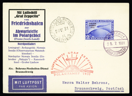 Allemagne PA 41 (cote 250€) OBL Friedrichshafen (24.7.31) sur entier carte postale 8 PF noir avec CAD "brise-glace Mayguin arctique" avec mention imprimée du trajet du vol. TB