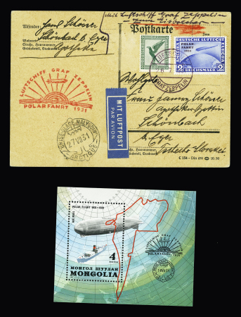 Allemagne PA 27 + PA 41 OBL CAD "Luftschiff Graf Zeppelin" (26.7.31) sur postkarte avec CAD du brise-glace Malyguin. On joint un bloc-feuillet moderne de Mongolie. TB