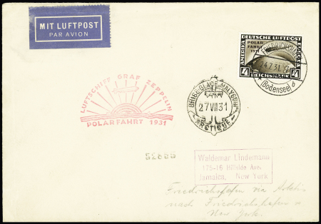 Allemagne PA n°42 (cote 850€) OBL Friedrichshafen (24.7.31) sur lettre avec cachet rouge "Luftschiff Graf Zeppelin polarfahrt 1931 + CAD "brise-glace Malyguin" sur lettre. TB