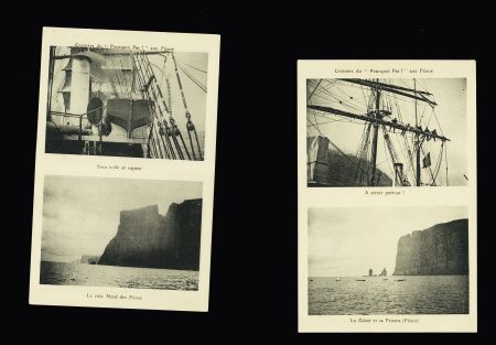 Charcot : Bel ensemble de 5 cartes postales verticales divisées en 2 illustrations : croisière du Pourquoi-Pas? Aux Feroë (4 diff), le Pourquoi Pas à Rockall, croisière du Pourquoi Pas? À Jan Mayen. Neuves. TB