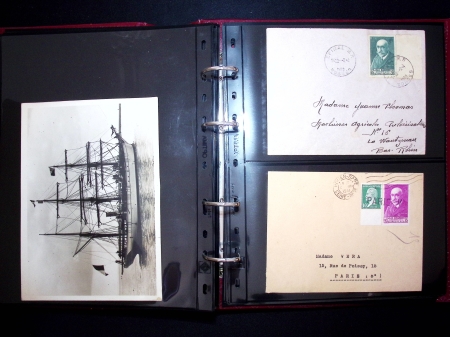 Album brun rouge contenant 6 docs sur le médecin Jean-Martin Charcot et 45 docs sur Jean Baptiste Charcot dont télégrammes de l'aviso Ville d'Ys (1926) et divers plis et carte maximums AFF n°377 et 377A. TB