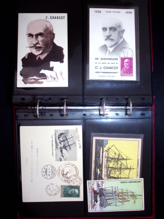 Album brun rouge contenant 6 docs sur le médecin Jean-Martin Charcot et 45 docs sur Jean Baptiste Charcot dont télégrammes de l'aviso Ville d'Ys (1926) et divers plis et carte maximums AFF n°377 et 377A. TB