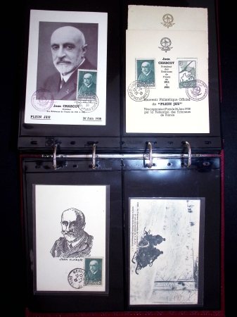 Album brun rouge contenant 6 docs sur le médecin Jean-Martin Charcot et 45 docs sur Jean Baptiste Charcot dont télégrammes de l'aviso Ville d'Ys (1926) et divers plis et carte maximums AFF n°377 et 377A. TB