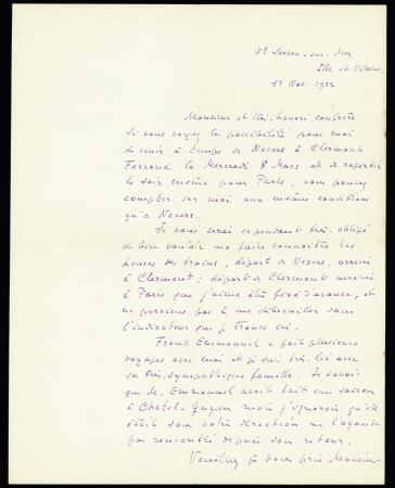 Lettre autographe de Jean Charcot adressée de Saint-Servan sur mer (Ille et Vilaine) le 1er novembre 1932 à un confrère à propos d'un voyage de Nevers à Clermont-Ferrand. TB