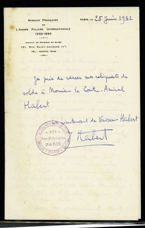 Carte postale neuve représentant le Pourquoi Pas à Saint-Malo (n°4796) avec cachet violet "Mission officielle française de l'année polaire 1932 - 1933, 191 rue St Jacques - Paris" + lettre avec en-tête et cachet id