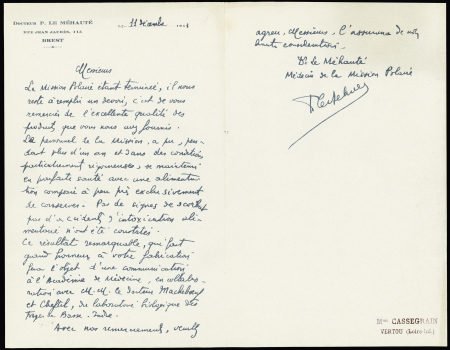 Carte postale neuve représentant le Pourquoi Pas à Saint-Malo (n°4796) avec cachet violet "Mission officielle française de l'année polaire 1932 - 1933, 191 rue St Jacques - Paris" + lettre avec en-tête et cachet id