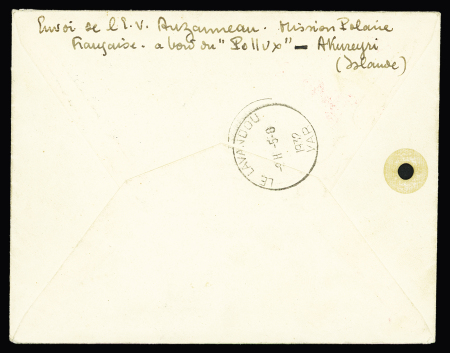 Islande n°118 + 149A OBL Akureyri (22.7.32) sur lettre recommandée avec cachet noir "Mission française de l'année polaire 191 rue Saint Jacques Paris 1932 - 1933" + cachet rouge avec ancre "Marine française service