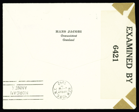 GROENLAND n°4 en paire OBL Jacobshavn (10.11.41) sur lettre censurée pour Copenhague dirigée sur New-York (arrivée 17.4.1942) faute de communications avec l'Europe occupée avec griffe US violette "Service suspended