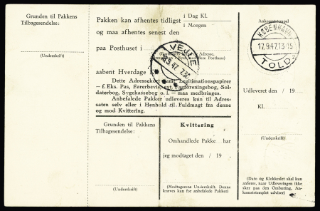Groenland n°4 + 7 + 9 OBL Scoresbysund (3.9.47) sur bulletins de colis postaux pour Vejle avec griffe violette "Udleveret Fra Vejle Toldpakhus". Rare et TB