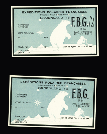 2 cartes radio amateurs neuves EPF Groenland 48 FBG et FBG/2 (ours fumant la pipe sur fond bleu clair). TB