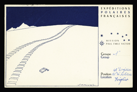 Groenland °2 + 6 OBL Godthaab (29.5.48) sur carte postale Samivel avec en plus grand cachet rond bleu EPF Arctique-Antarctique. RR et TB