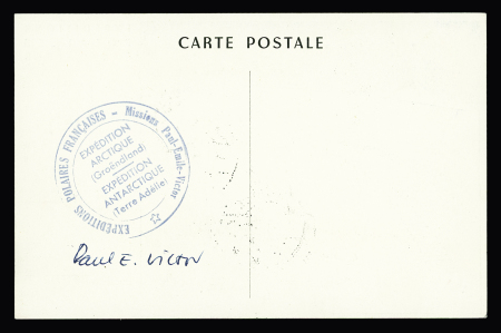 Groenland n°7 OBL Godthaab (9.8.48) sur carte postale Samivel avec au verso grand cachet bleu missions (au pluriel) PEV Arctique - Antarctique. TB