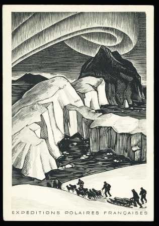 Groenland n°7 OBL "Godthaab" (27.8.49) sur carte postale EPF (aurore boréale) avec grand cachet bleu type 2 Missions PEV Arctique - Antarctique. Petite rousseur sinon TB et Rare