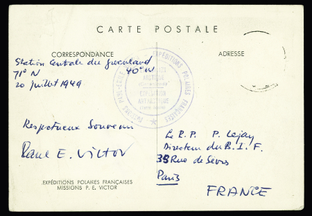 Groenland n°7 (timbre enlevé) OBL "Godthaab" (27.8.49) sur carte postale EPF (aurore boréale) avec grand cachet bleu type 2 Missions PEV Arctique - Antarctique signé PEV. TB