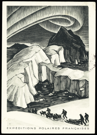 Groenland n°276 OBL "Godhavn" (17.9.49) sur carte EPF aurore boréale écrite par Gérald Taylor à ses parent directeurs du l'Hotel Ritz avec le très rare cachet bleu "Expéditions polaires françaises missions Paul E