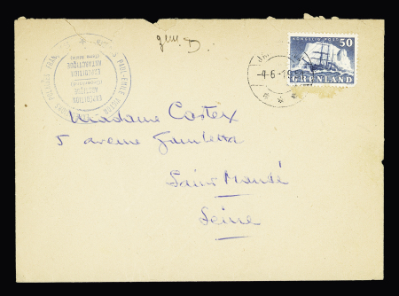 Groenland n°24 OBL Jacobshavn (4.6.1951) sur lettre avec grand cachet bleu Missions PEV arctique Antarctique (4° expédition sur le Skallabjorn). TB