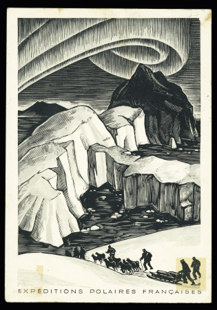 Groenland n°7 OBL Godthaab (7.8.49) sur carte postale EPF (aurore boréale) avec grand cachet bleu missions PEV Arctique - Antarctique écrite par PEV. B/TB